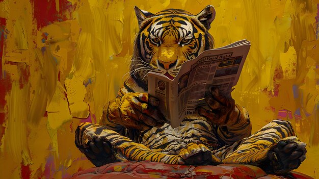 Photo tiger reading newspaper