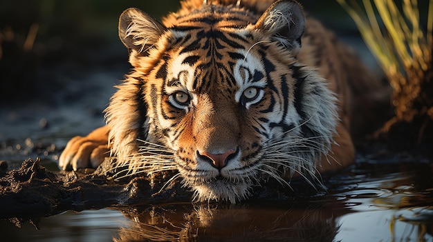 Tiger at Rest Lounging by the Watering Hole Scene