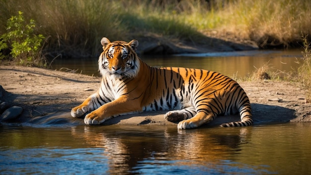 Tiger resting by sunlit stream reflections creating peaceful atmosphere