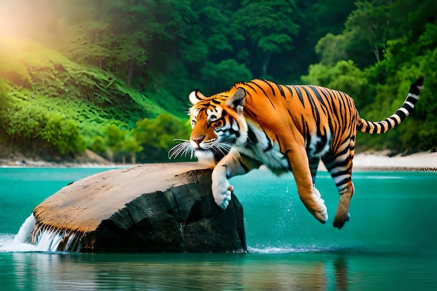 Tiger on a rock in the water