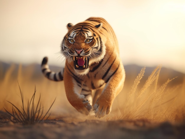 A tiger running in a field