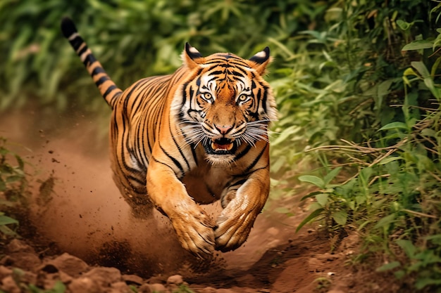 A tiger running through a jungle