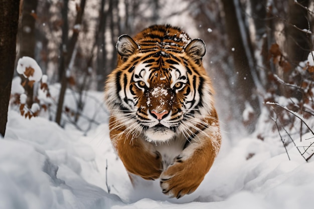 a tiger running through the snow in the woods