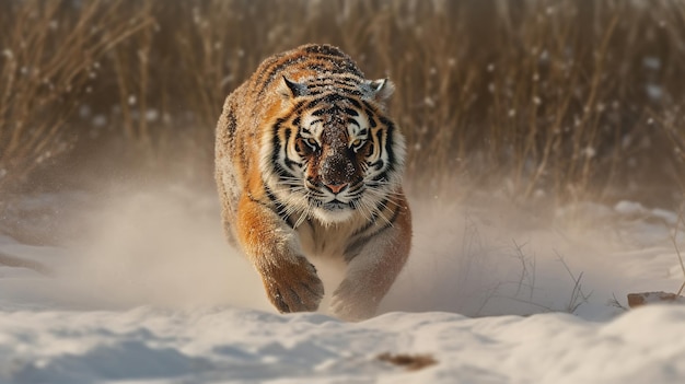 A tiger running through the snow