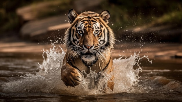 Tiger running through the water with a black background