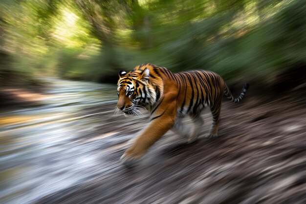 Photo a tiger running in the water with a blur of trees in the background