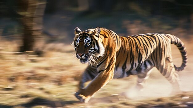 Photo a tiger running in the wild with the words tiger on the back