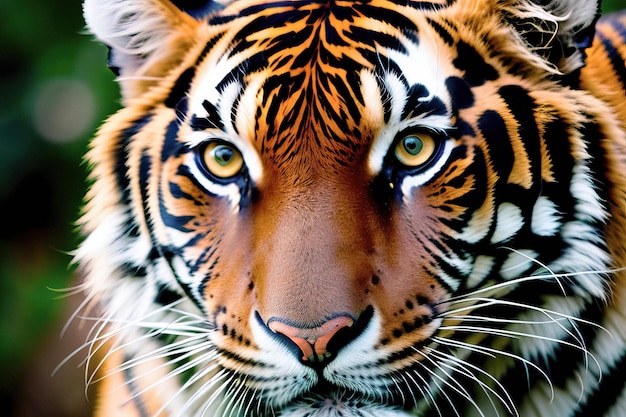 A tiger's eyes are glowing in the sunlight.