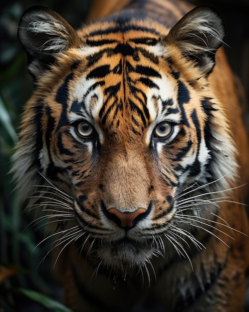 The tiger's face in closeup with a blurry background Generative AI