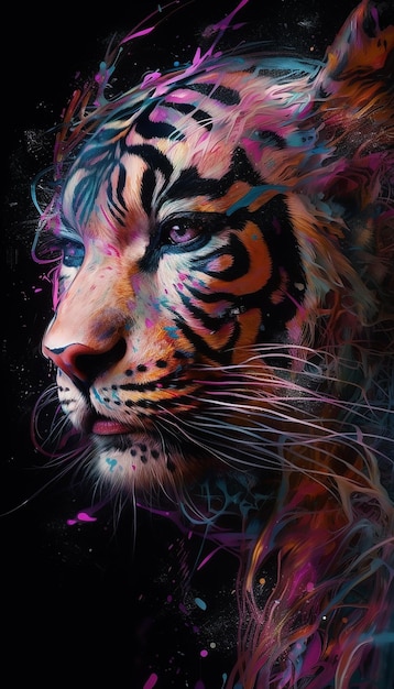 A tiger's face is painted with a black background.