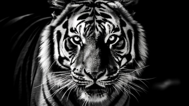 A tiger's face is shown in this black and white image.