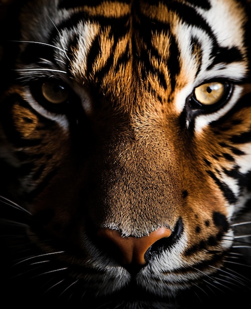 A tiger's face is shown with the light shining on it.