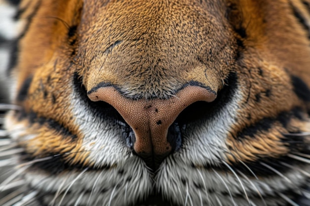 Photo tiger showing its nose whiskers and fur in a close up