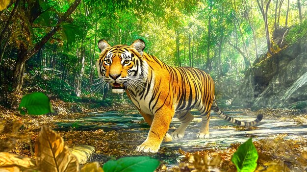 Photo tiger stalking through the dense jungle each leaf and blade of grass intricately detailed