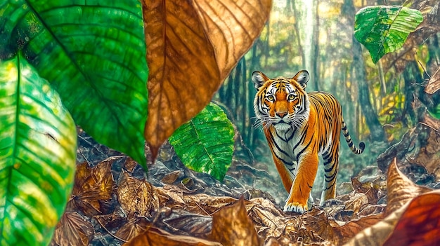 Photo tiger stalking through the dense jungle each leaf and blade of grass intricately detailed