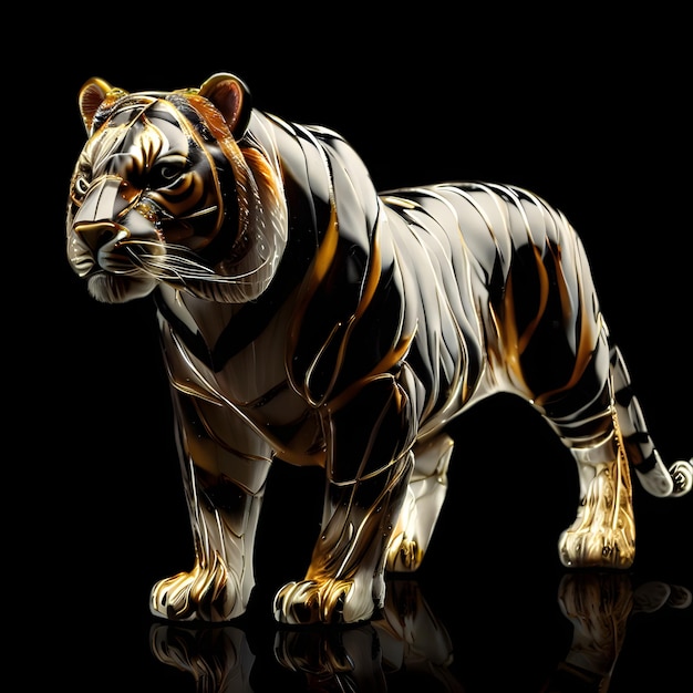 A tiger statue is shown in a black background.