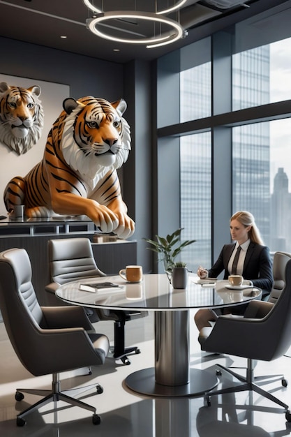 Photo a tiger statue is on a table in a room with a man sitting at a table and a woman in a suit