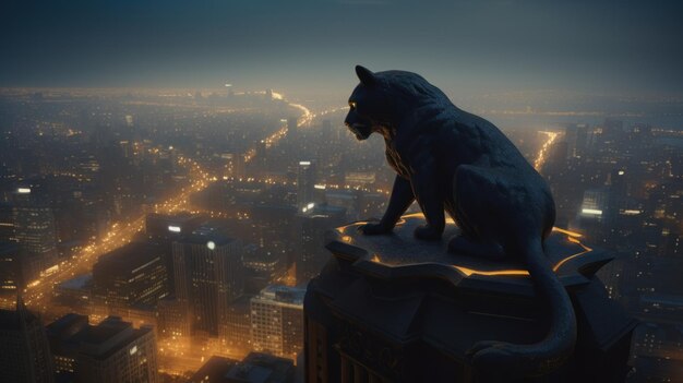 Tiger statue on top of a building with city view