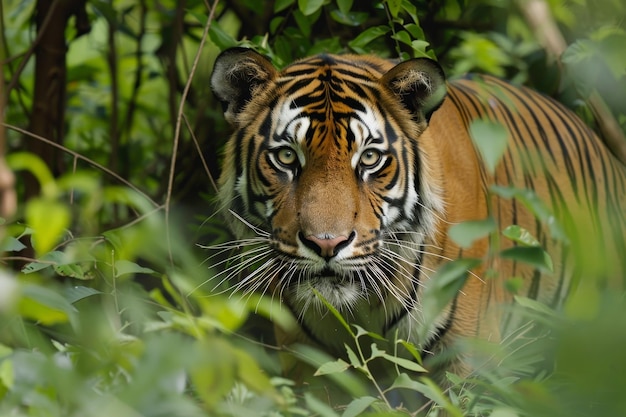 A tiger stealthily navigating through dense foliage in a vibrant green forest A tiger prowling through the underbrush