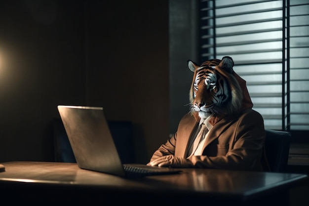 A tiger in a suit is sitting at a desk in front of a laptop.