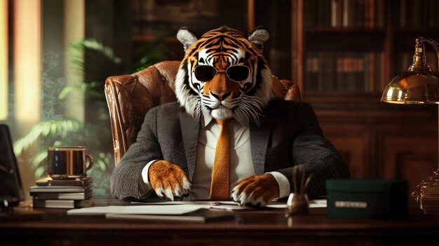 Photo a tiger in a suit in the office selective focus