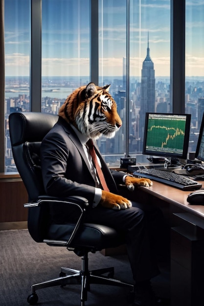 Photo a tiger in a suit sits in an office chair in front of a computer