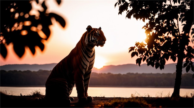 A tiger in the sunset