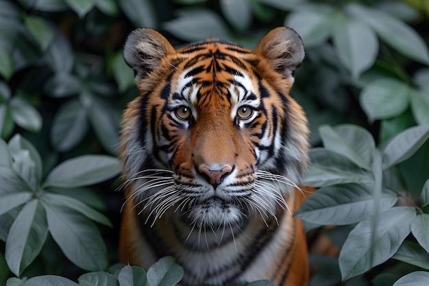 Tiger Surrounded by Leaves Close Up