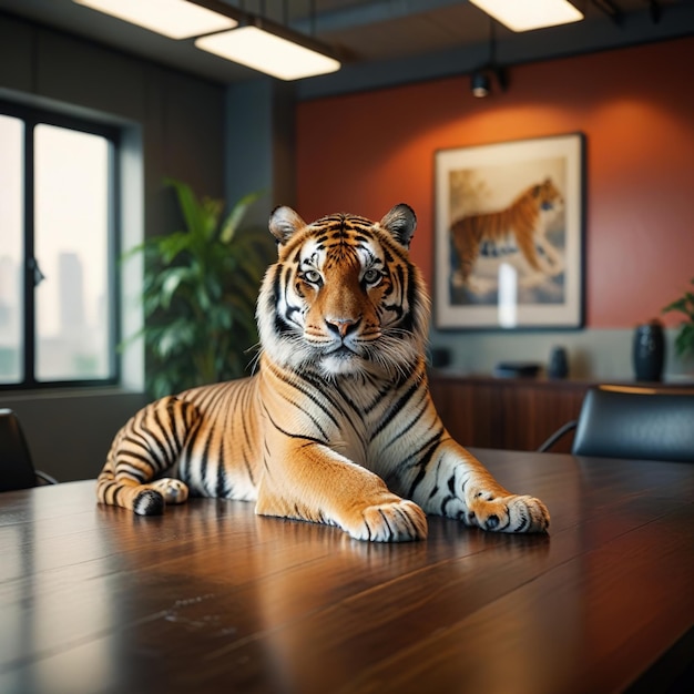 Photo tiger on table in modern office meeting room dangerous corporate predator