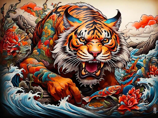 tiger tattoo and drawing style vibrant colors detailed