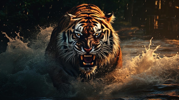 a tiger that is running in the water