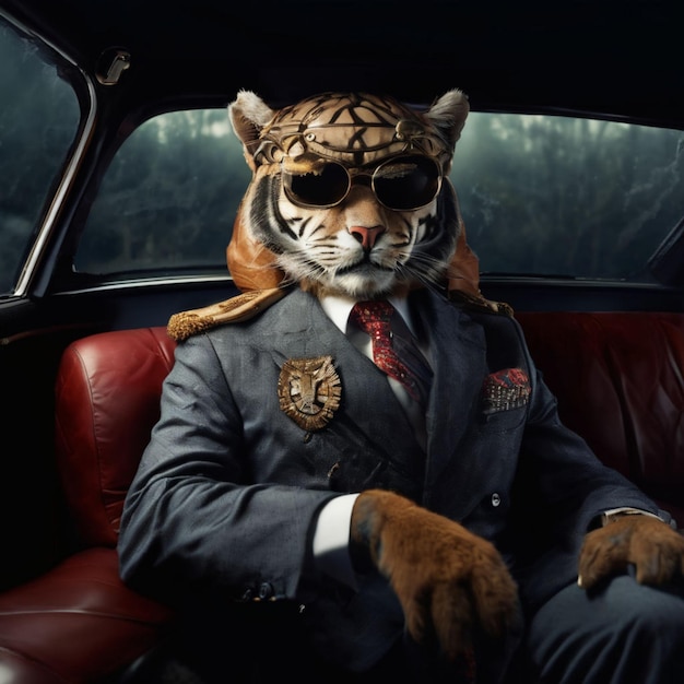 a tiger tiger wearing a suit and tie sits in a car