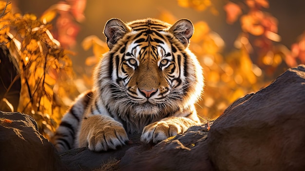 A tiger on a tree branch in the fall