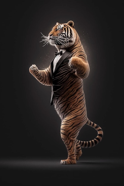 A tiger in a tuxedo stands on his hind legs.