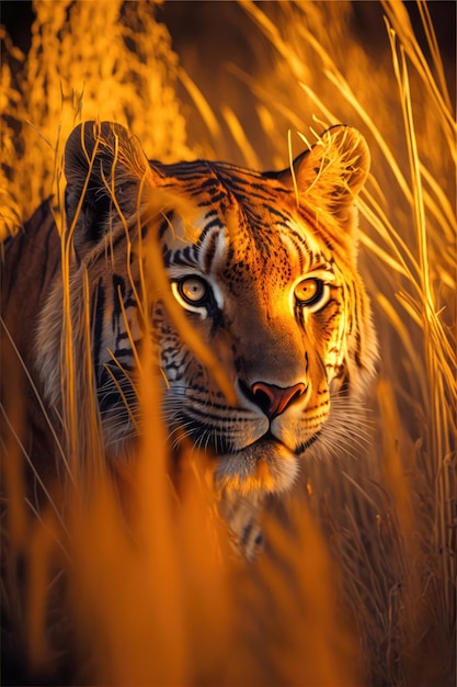 Tiger waiting in sunset generative ai