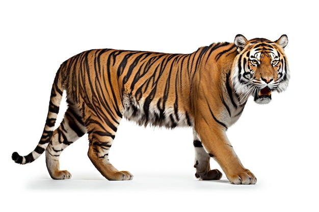 Tiger walking isolated on white background Side view