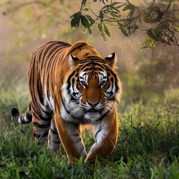 a tiger walking in the rain with the sun behind him