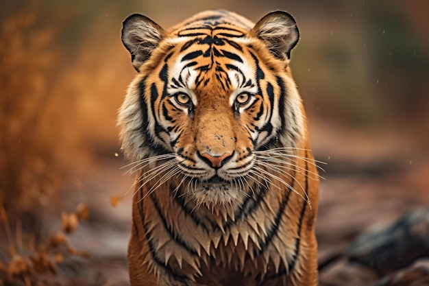 a tiger walking in the rain in the woods