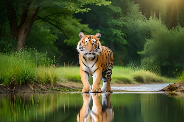 A tiger walking on a river