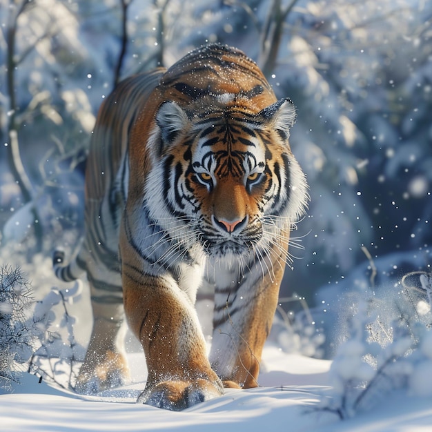 a tiger walking in the snow in the winter