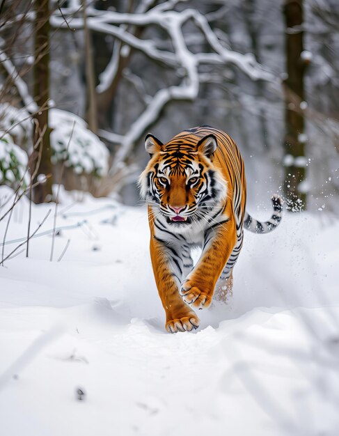 Photo a tiger walking through the snow in the woods