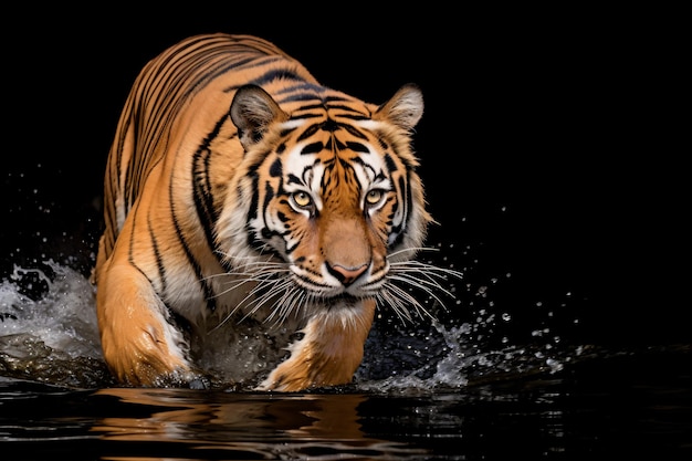 a tiger walking through the water with its mouth open