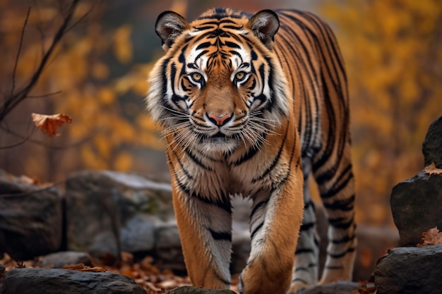 A tiger walking through the woods