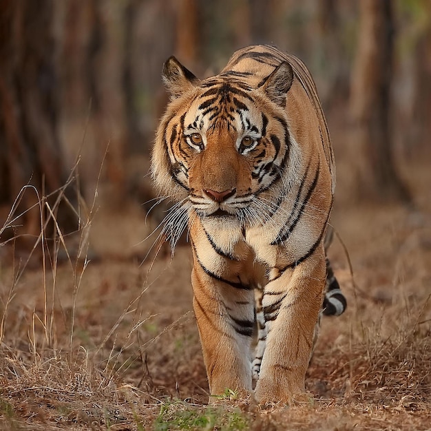 a tiger walking in the woods in the fall