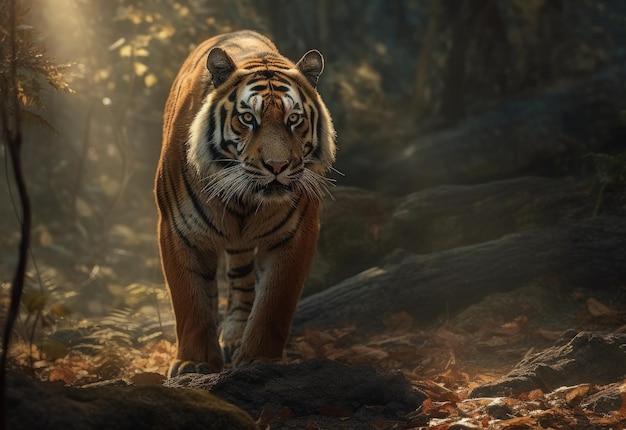 A tiger walks through a forest with a light on the background