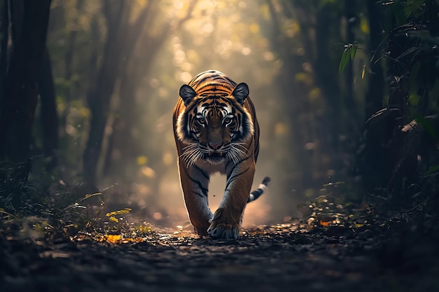 Photo a tiger walks in the woods in the morning