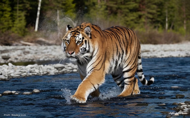 a tiger in the water is running in the water