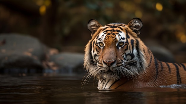 A tiger in the water with a blurred background