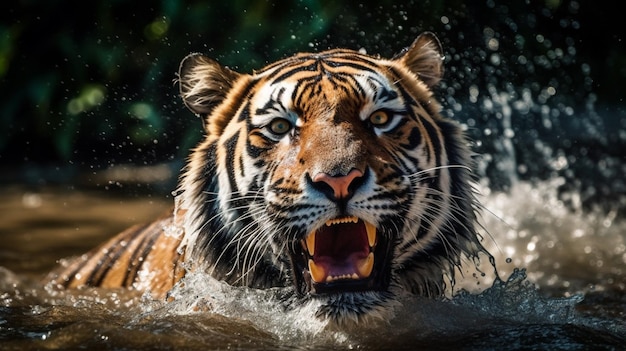 A tiger in the water with his mouth open