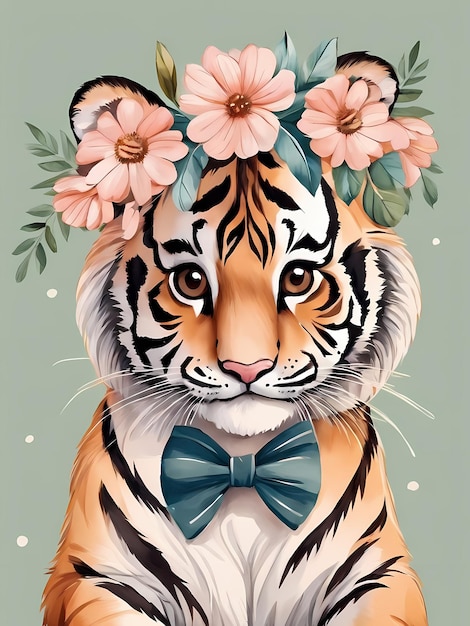 Photo a tiger wearing a bow tie with flowers on it